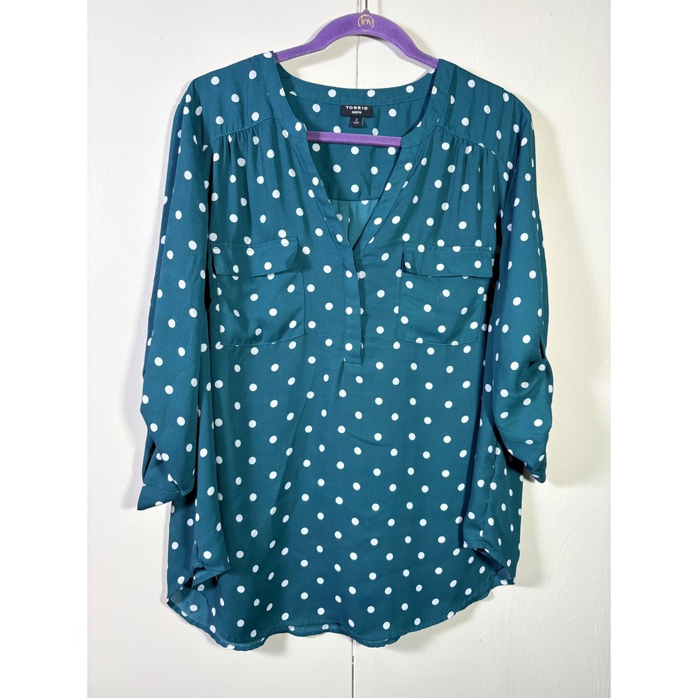 Torrid Harper Teal Polka Dot Pullover Blouse 2 2X V-Neck Retro Mod Office Work